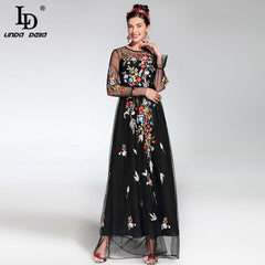 Long Sleeve Tulle Gauze Floral Embroidery Black Vintage Long Dress