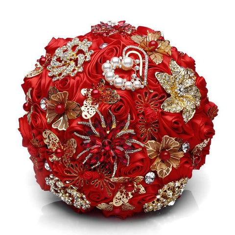 Red Wedding Brooch Bouquets Gold Jewelry