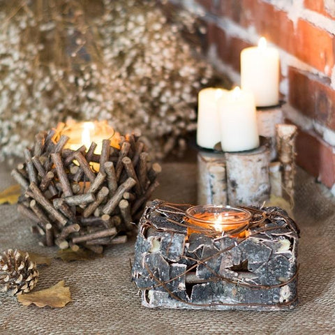 Retro Wood  Storm Lantern Birch Bark Candle Holders Wedding Centerpieces Rustic Wedding