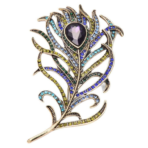 Rhinestone Peacock Feather Brooch