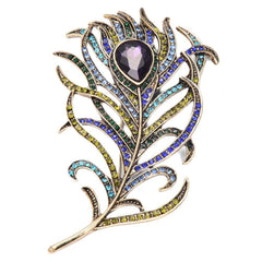 Rhinestone Peacock Feather Brooch
