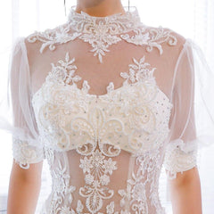 Sexy Appliques High Neck Half Illusion Long Sleeve Mermaid Wedding Dress