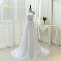 Sexy Open Back  White Long With Train Lace Chiffon One Shoulder Wedding Dress