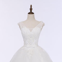 Simple Elegant Wedding Dress V-neck Lace Flower with Beading Floor-length