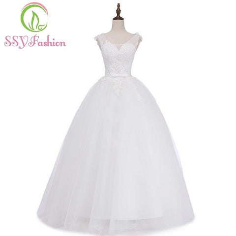Simple Elegant Wedding Dress V-neck Lace Flower with Beading Floor-length