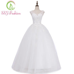 Simple Elegant Wedding Dress V-neck Lace Flower with Beading Floor-length