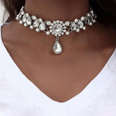 Simulated Pearl and Rhinestones Beads Choker Necklace