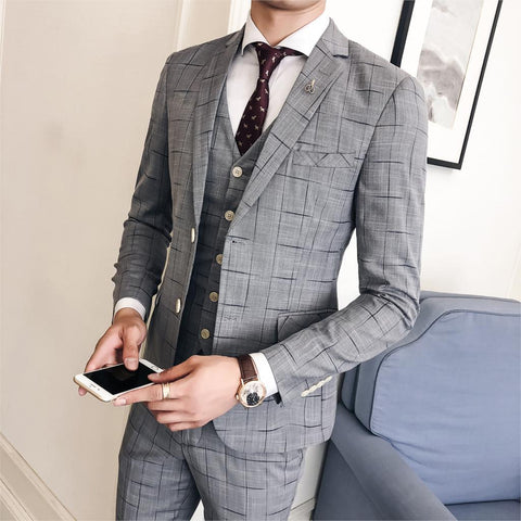 Two-Button Suit Plaid Stretch Fabric  Suit Set 3Pcs