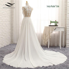 V-neck Chapel Train Long Zipper Cap Sleeves Lace Applique A Line Wedding Dress