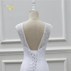 V Neck Sexy Simple Lace White Mermaid Wedding Dress