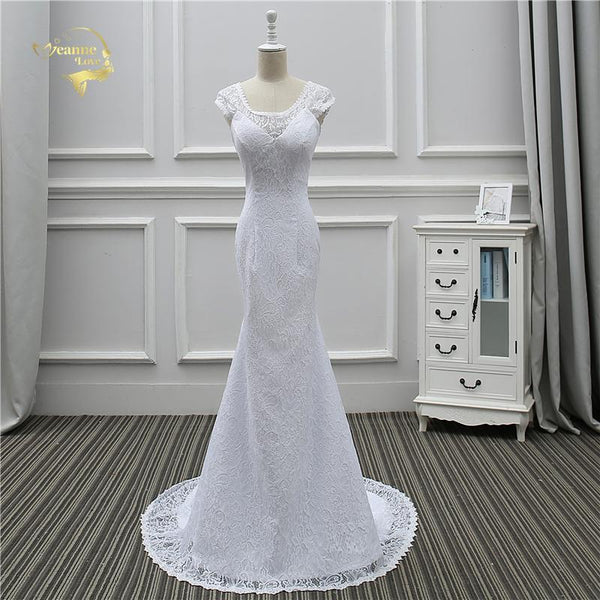 Simple Mermaid V Neck Backless White Satin Wedding Dresses VK23081010 main image 1