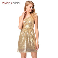 Vivian's Bridal A Line Sequin Dress  One Shoulder Short Bridesmaid Dress