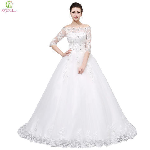 Wedding Dress Lace Half Sleeve Court Train Boat Neck Elegant Wedding Gown