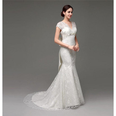 Wedding Dress Mermaid V-neck Cap Sleeves Bow Crystals Boho Wedding Gown Multiple Colors