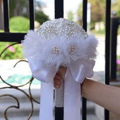 White Bridal Bouquet Brooch Pearl and Feather