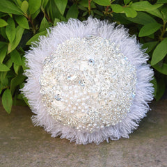 White Bridal Bouquet Brooch Pearl and Feather