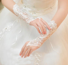 White Ivory Fingerless Rhinestone Lace Sequins Gloves