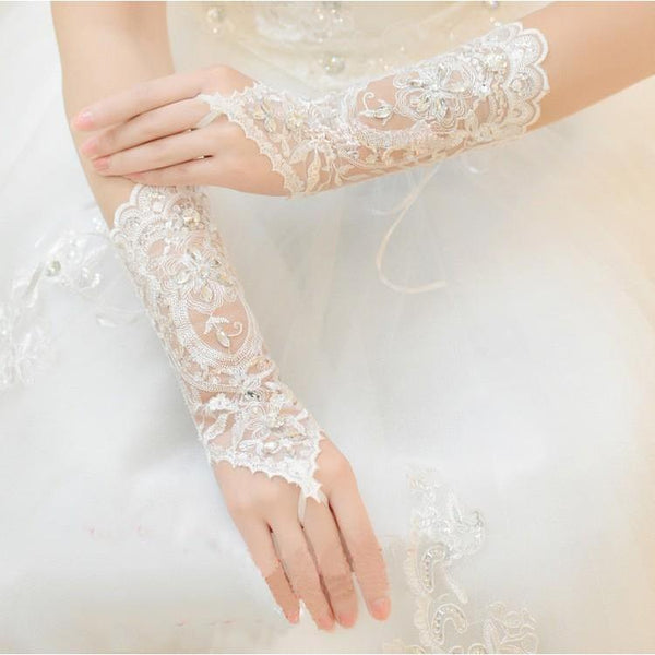 White Ivory Fingerless Rhinestone Lace Sequins Gloves