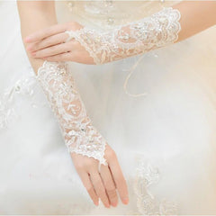 White Ivory Fingerless Rhinestone Lace Sequins Gloves