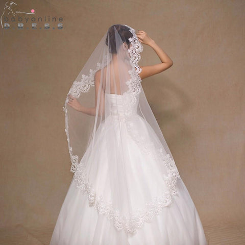 White Ivory Tulle  Wedding Veil Lace Edge