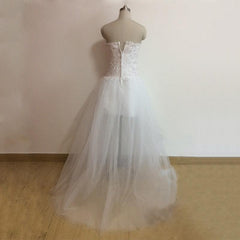 White Lace Long Back  Short Front Wedding Dress Crystals High Low