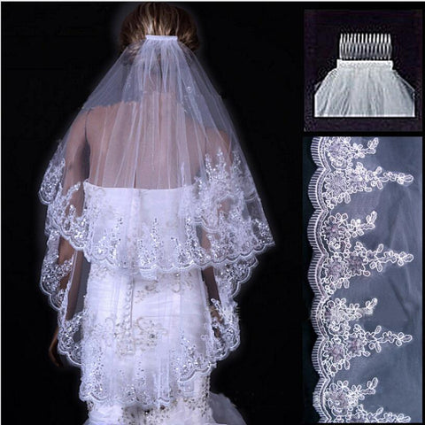 White/ Off White Bridal Veil With Lace Hem Sequins