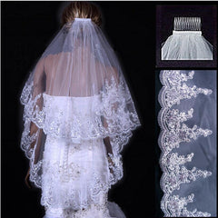 White/ Off White Bridal Veil With Lace Hem Sequins