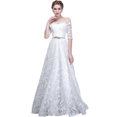 White Wedding Dress Boat Neck Short Sleeved Simple Floor-length Feathers