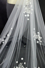 White/Ivory Appliqued  Veil Long With Comb