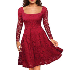 Women Floral Lace Dress Long Sleeves Slash Neck