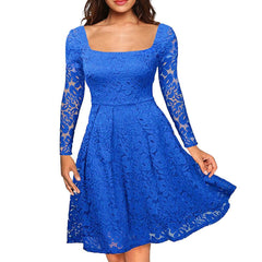 Women Floral Lace Dress Long Sleeves Slash Neck