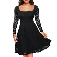 Women Floral Lace Dress Long Sleeves Slash Neck